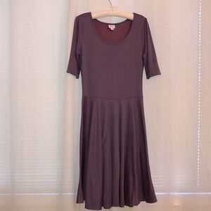 LuLaRoe Nicole L Indigo Red Quarter Puff Sleeve Fit and Flare A-Line Dress